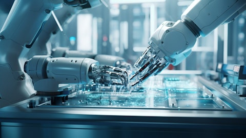 A robotic arm assembling delicate surgical tools in a clean room environment.
