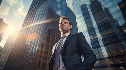 An executive in front of a high rise financial building, showcasing the global reach of the company's capital markets.