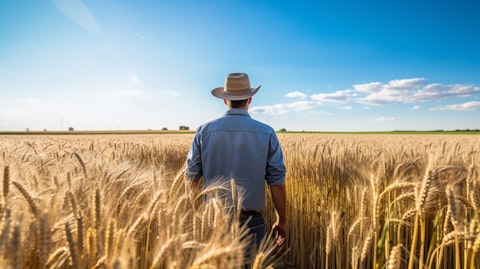 A farmer standing in front of a large field of oat plants.