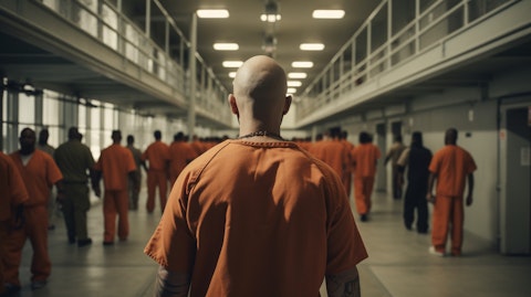 A prison guard walking down a hallway filled with inmates in a correctional facility.