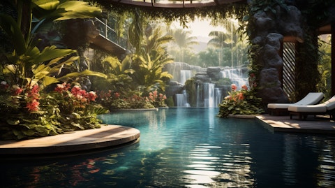 A luxurious pool area surrounded by lush vegetation, highlighting the customer experience of the company's products.