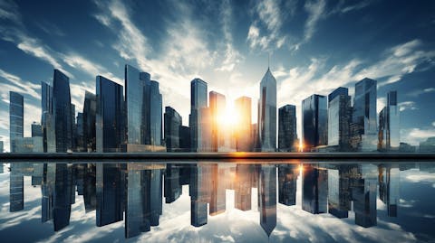 A skyline of high-rise buildings, showing the real estate investments made by the company.