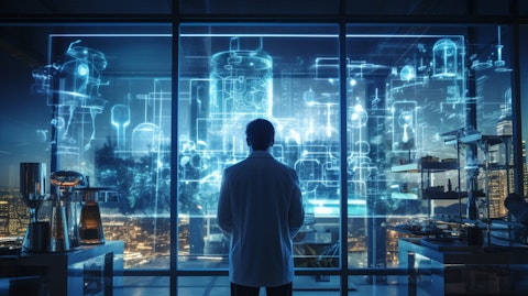 A scientist overlooking a high-tech laboratory, focusing on the technologies related to biotechnology.