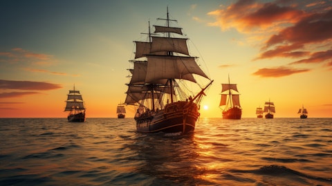A fleet of vessels sailing in tandem, illuminated by the setting sun.