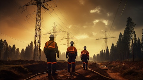A line of workers in high visibility vests surveying a network of electricity cables.