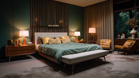 A mid-century modern bedroom dressed with high-end mattresses and pillows.