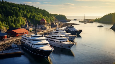 A fleet of Expedition Cruising ships moored at a harbor in a picturesque landscape.