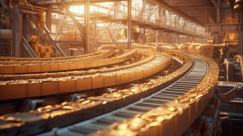 A complex network of conveyor belts and machinery transporting gold and silver ore.