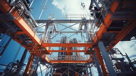 A view of an aerial platform from below, its masts and attachments nicely uncovered.