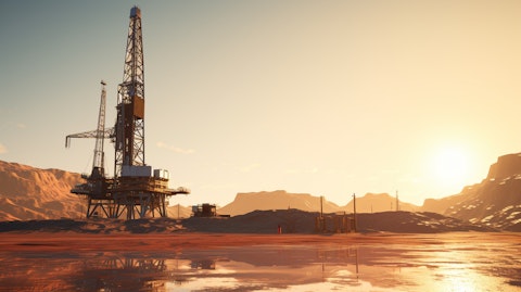 An automated drilling rig working in the middle of an oilfield, amidst the golden dawn.