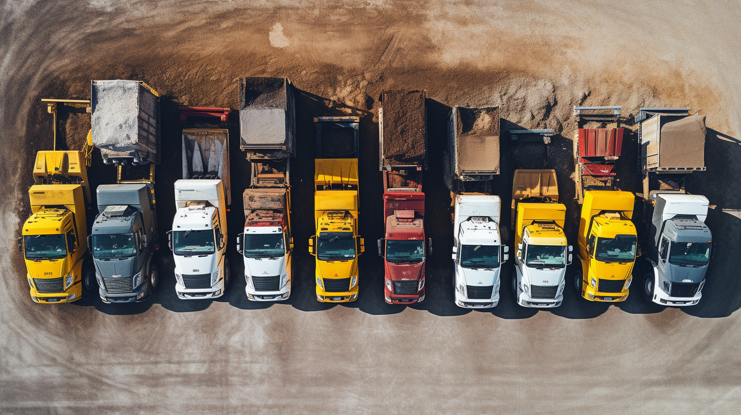 An overhead shot of a large fleet of trucks loaded with aggregate and construction material.