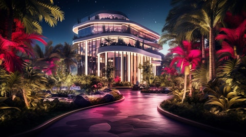 A luxurious casino entrance surrounded by lush landscaping and vibrant lights.