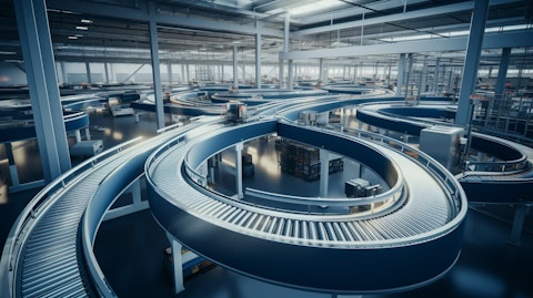 An aerial view of a modern manufacturing facility, its conveyor belts moving quickly.