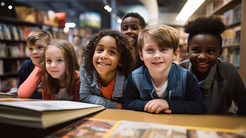 A diverse group of children gathered in a bookstore perusing through a variety of titles.