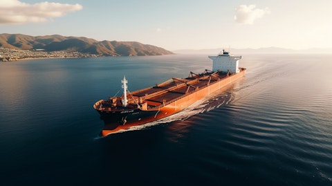 Astonishing view of a modern dry bulk vessel sailing on a serene sea.