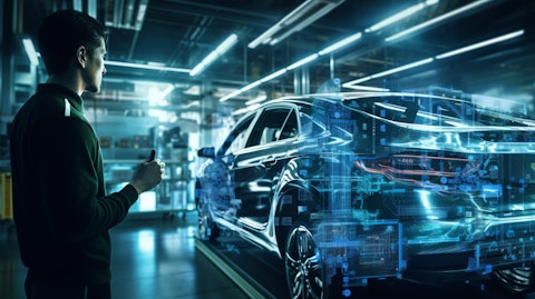 A factory worker using an ultra-sensitive pixel-based sensor while working on an automobile.