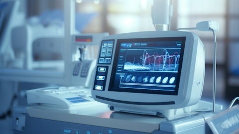 A closeup of a lithotripter device in a hospital setting, focusing on its modern technology.