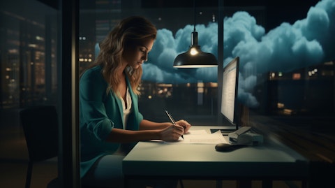 A businesswoman signing an online document using a cloud-faxing solution.