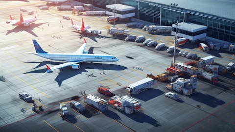 A daytime aerial view of an airport bustling with planes and staff.