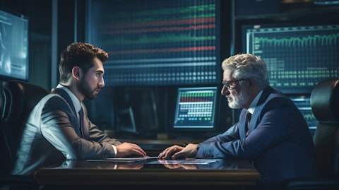 A financial specialist advising a corporate client at the trading desk of a high-stakes bank.