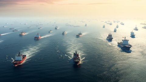 A large fleet of vessels operating in the open ocean.