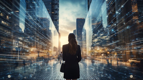 A businesswoman in the modern cityscape of an IT metropolis, symbolizing the company's pioneering spirit in the world of information technology.