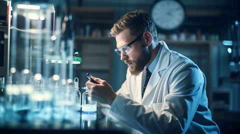 A biotechnologist wearing lab coat, creating a unique formulation for a therapy.