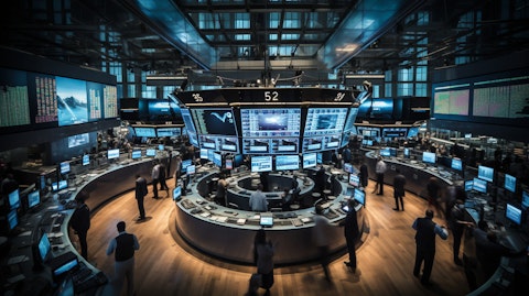 A busy financial trading floor, emphasizing the company's technological capabilities.