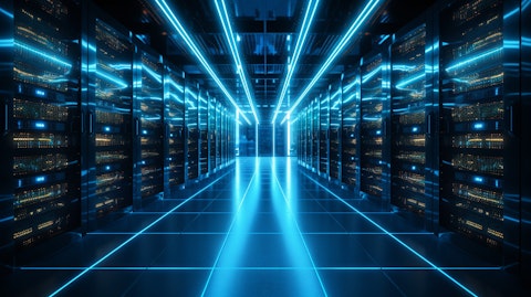A hall of server racks, illuminated by blue LED lights and humming with energy.