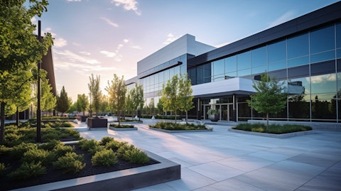 The exterior of a modern shopping center, with its clean lines and well landscaped outdoor areas.