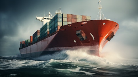 A close-up of a large cargo vessel in the open sea, its sails billowing in the wind.