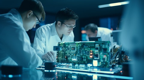 A team of engineers analyzing electronic components in a modern laboratory.