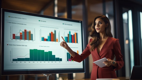 A professional businesswoman presenting her online policy distribution, with several graphs on a screen behind her.