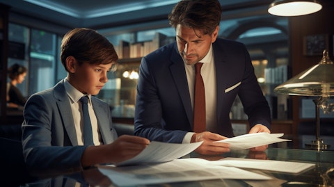 A busy banker helping a customer with banking details, symbolizing the company's trustworthiness.