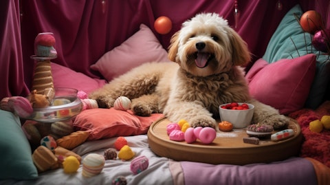 A cheerful dog in a plush bed, surrounded by treats and toys.