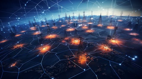 An overhead view of electricity transmission towers, showing the scale and reach of the company's network.