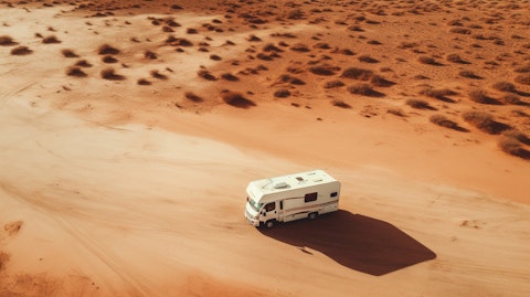 An aerial view of an RV parked in an open desert, showing the product range of the company.