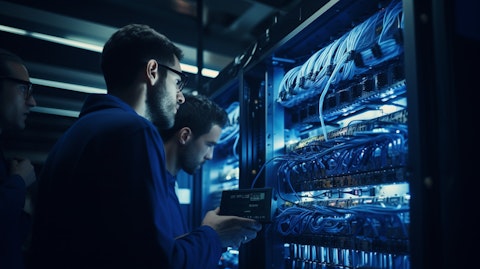 An image depicting a group of technicians inspecting a communication equipment system in a data center.