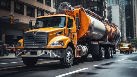A long, winding concrete pump truck navigating a busy city street.