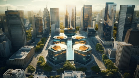 An aerial shot of a business district with the company's headquarters towering above its competitors.