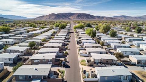 An aerial view of a manufactured home community, with the many homes in a grid.