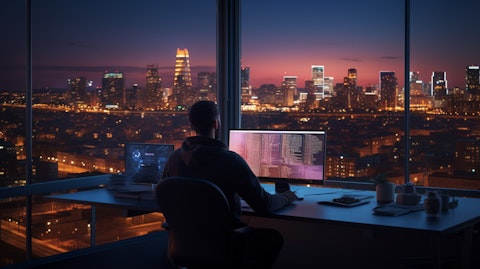 A programmer working on code in a sleek office overlooking a buzzing city skyline.