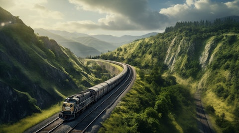 A railway track winding through a rough landscape with a freight train in transit.
