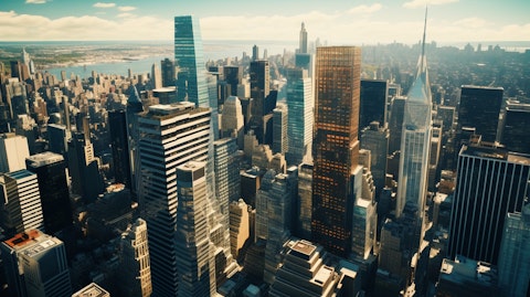 An aerial view of a bustling financial district, with skyscrapers and a large financial institution in the city center.