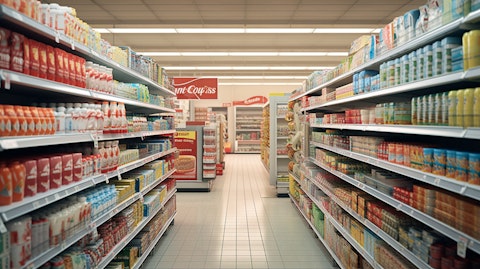 A busy supermarket with shelves full of packaged foods.
