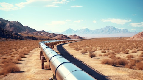 A pipeline snaking through a desert canyon, representing a energy's transport infrastructure.