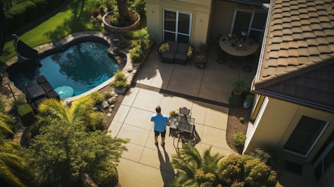 A high angle view of a real estate professional taking pictures of a property.