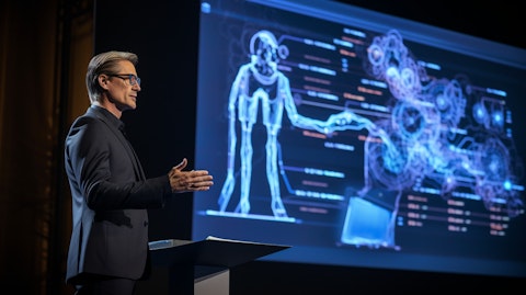 A professional giving a keynote address around the potentials of AI models for businesses.