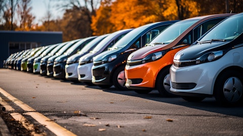 A fleet of electric vehicles lined up in uniform, highlighting the convenience of the company's transportation solutions.