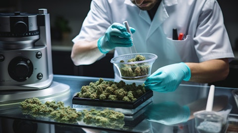 A lab technician meticulously measuring and mixing ingredients to create a cannabis-infused edible.